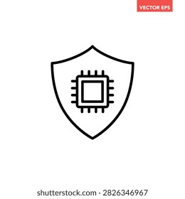 Single cyber security shield with microchip processor line icon, hardware encryption and defence flat design pictogram vector for app logo web ui interface elements isolated on white background