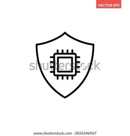 Single cyber security shield with microchip processor line icon, hardware encryption and defence flat design pictogram vector for app logo web ui interface elements isolated on white background