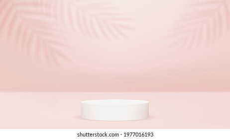 Single cylinder platforms or pedestals on pink stage. Palm leaves on the wall. Tropical leaf blurred overlays. Cream, sepia, pastel colors. Three-dimensional 3d white stages. Vector illustration