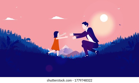 Single dad - Dad and daughter playing outside in nature and sunshine. Being a good dad, happy childhood and fatherhood concept. Vector illustration.