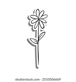 Single Daisy Bloom Outline em silhueta branca e sombra cinza. Estilo desenhado à mão desenhos animados. Ilustração vetorial para decorar, colorir e qualquer design.