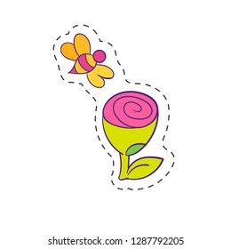 Single daisy flower and bee. Hand drawn kids styled doodle icon. Vector illustration