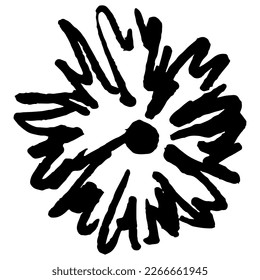 Single daisy flower. Hand drawn linear doodle rough sketch. Black ink silhouette on white background.