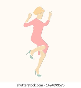 Single dancing blond woman in pink dress. Retro style. Applique or paper cut style. Colorful vector illustration.