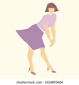 Single dancing woman with short brown hair in purple skirt. Female silhouette. Retro style. Applique or paper cut style. Colorful vector illustration.