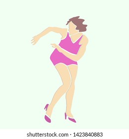 Single dancing woman in short pink dress. Female silhouette. Retro style. Applique or paper cut style. Colorful vector illustration.