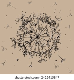 un solo diente de león en el centro de la composición y semillas voladoras sobre un fondo beige, un dibujo lineal con una línea negra, vértor illustrationeps 10