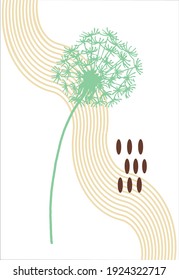 Single dandelion outline waith wavy lines and little ovals abstract vector design EPS10