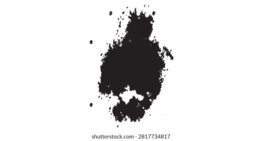 A single, dark black ink splatter with a unique, organic shape and scattered dots, isolated on a clean white background.