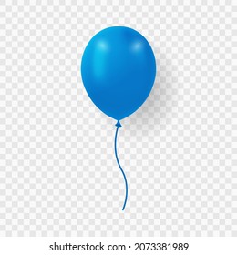 Single Dark Blue Balloon with Ribbon on Transparent Background. Blue Realistic Ballon for Party, Birthday, Anniversary, Celebration. Round Air Ball with String. Isolated Vector Illustration.