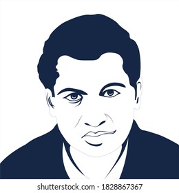 Single dark blue color sketched portrait of Ramanujan in white background. Mathematics Day 22 december Illustration.