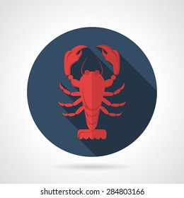 Single dark blue round flat style vector icon with red silhouette lobster on gray background with long shadows