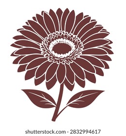 A single dark brown or maroon stylized flower illustration with detailed petals and two leaves on a white background