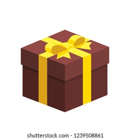 Single dark chocolate brown square present / gift boxes with golden ribbon bow flat design. Isometric illustration interface element for app ui ux web banner vector isolated on white background