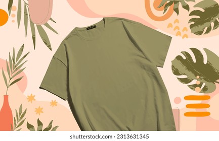 a single dark green or dark olive colour blank t shirt mockup to showcage your design with asethetic background design