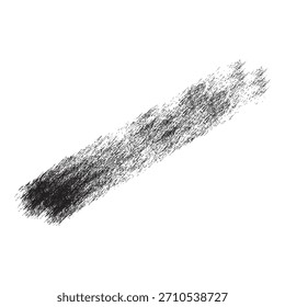 A single, dark, hand-drawn brush stroke with a rough, dry, and gritty texture, resembling charcoal or pencil.