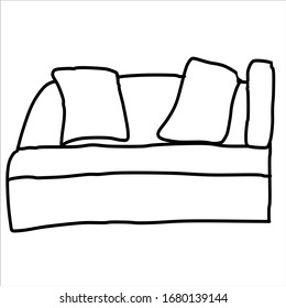Single daybed with two pillows. Drawing in the Doodle style. Isolated on a white background. Vector illustration in lines. Comfortable and stylish daybed.  For design, decoration, web, coloring.
