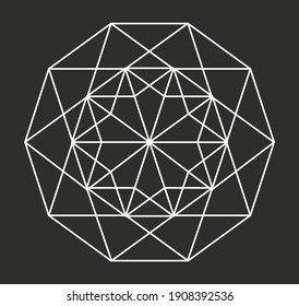 Single decagon shape in white outline with lines forming a star and geometric shapes at center. Vector illustration on a dark grey background.