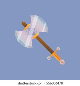 Single decoration weapon for game on blue background. Medieval cartoon weapon for web design or mobile app. Axe vector illustration 