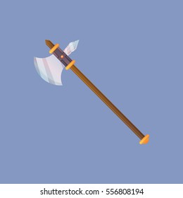 Single decoration weapon for game on blue background. Medieval cartoon weapon for web design or mobile app. Axe vector illustration 