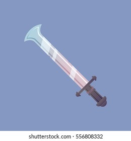 Single decoration weapon for game on blue background. Medieval cartoon weapon for web design or mobile app. Sword vector illustration 
