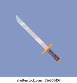 Single decoration weapon for game on blue background. Medieval cartoon weapon for web design or mobile app. Sword vector illustration 