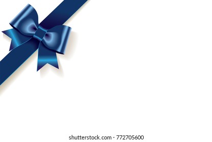 Single decorative blue satin bow with diagonally ribbon on the corner isolated on white background.Empty place for text.Vector illustration.