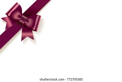 Single decorative crimson satin bow with diagonally ribbon on the corner isolated on white background.Empty place for text.Vector illustration.