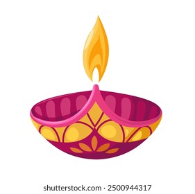 A single decorative oil lamp in a vibrant and festive style, isolated on a white background. This vector illustration is ideal for Diwali decorations and greeting cards.