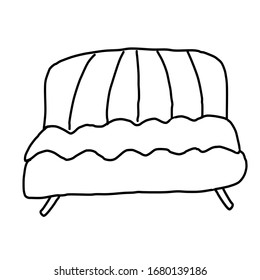 Single decorative sofa. Drawing in the Doodle style. Isolated on a white background. Vector illustration in lines. Comfortable and stylish daybed.  For design, decoration, web, coloring.