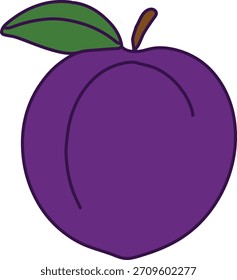 Una sola ciruela púrpura profunda mostrada con un tallo y una hoja que enfatizan la fruta fresca de temporada.