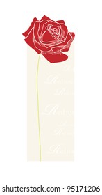 Single deep red rose on beige background with text. May be used as a greeting card or invitation.