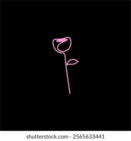 A single, delicate pink rose is elegantly depicted in minimalist line art against a stark black background.  Its simplicity evokes a sense of quiet grace and beauty.