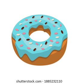 A single delicious doughnut with blue icing. Cute donut covered with chocolate cream isolated on white background. Vector illustration in flat style. isometric view