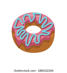 A single delicious doughnut with pink icing and blue cream. Cute donut covered with chocolate cream isolated on white background. Vector illustration in flat style. isometric view