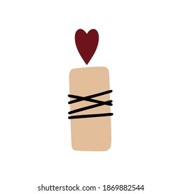 Single design element - candle with heart flame. Romantic illustration for card, poster, sticker, icon, pattern, scrapbooking, valentines day card. Flat style. Valentine's day sticker. Hand drawn.