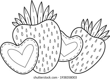 Single design element, clip-art. Berry, two strawberries. Scandinavian. For children. Cartoon style. Flat, doodle. Stickers, advertising. Isolated on a white background. Contour, black and white.