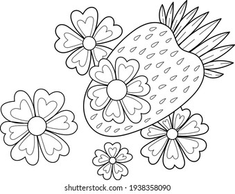 Single design element, clip-art. Berry, strawberry and flowers. Scandinavian. For children. Cartoon style. Flat, doodle. Stickers, advertising. Isolated on a white background. Contour, black and white