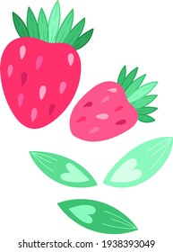 Single design element, clip-art. Berry, two strawberries. Scandinavian. For children. Cartoon style. Flat, doodle. Images. Stickers, advertising. Isolated on a white background. Colored, pink color.