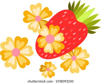 Single design element, clip-art. Berry, strawberry and flowers. Scandinavian. For children. Cartoon style. Flat, doodle. Stickers, advertising. Isolated on a white background. Colored, Red and yellow.