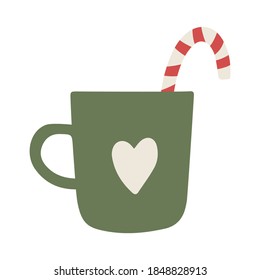 Single design element cup with candy cane. Flat style hand drawn illustration for sticker, pattern, planner design, logo, clothes design and other christmas design. Hygge winter illustration.