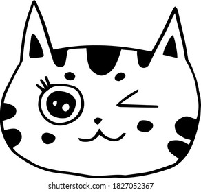 Single design element.  Cute cartoon style, childish illustration.  Sticker.  Black and white on a white background.  Vector graphics.  Winking cat. Hand Rome, Flat, Doodle.