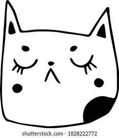Single design element.  Cute cartoon style, childish illustration.  Sticker.  Black and white on a white background.  Vector graphics.  Kawaii cat with closed eyes. Hand Rome, Flat, Doodle.