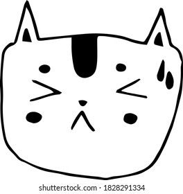 Single design element.  Cute cartoon style, childish illustration.  Sticker.  Black and white on a white background.  Vector graphics.  Cat with closed eyes. Hand Rome, Flat, Doodle.