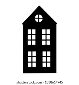Single design element - house. Flat black illustration for card, poster, sticker, icon, web design, logo. Scandinavian element for nursery art. Kid illustration. Stay home. Cozy home art.