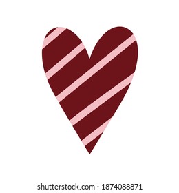 Single design element - red heart with pink strips. Romantic sticker. Illustration for valentine card, poster, sticker, icon, banner, gift tag, print. Cute heart symbol in flat style. Love symbol. 