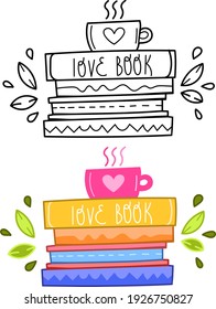 Single design element. Stuff of books, love of reading, education. Scandinavian. For children. Cartoon style. Flat, doodle. Images. Stickers. Isolated on a white background. Color version and outline.