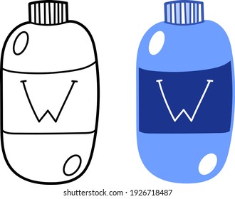 Single design element. Water bottle. Scandinavian. For children. Cartoon style. Flat, doodle. Images. Strips, stickers. Isolated on a white background. Color version and outline.