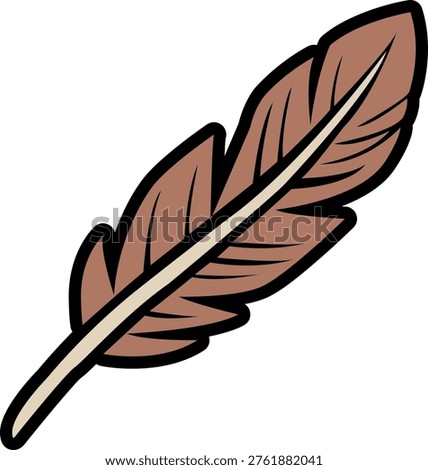 A single, detailed brown feather tilted at an angle, representing a quill or a bird's plume with realistic texture and simple line art.