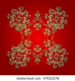 Single detailed golden snowflake on red background. Vector.